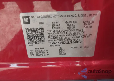 2020 Chevrolet Equinox Awd Lt 2.0L Turbo from USA, damaged, VIN 3GNAXVEX1LS548175